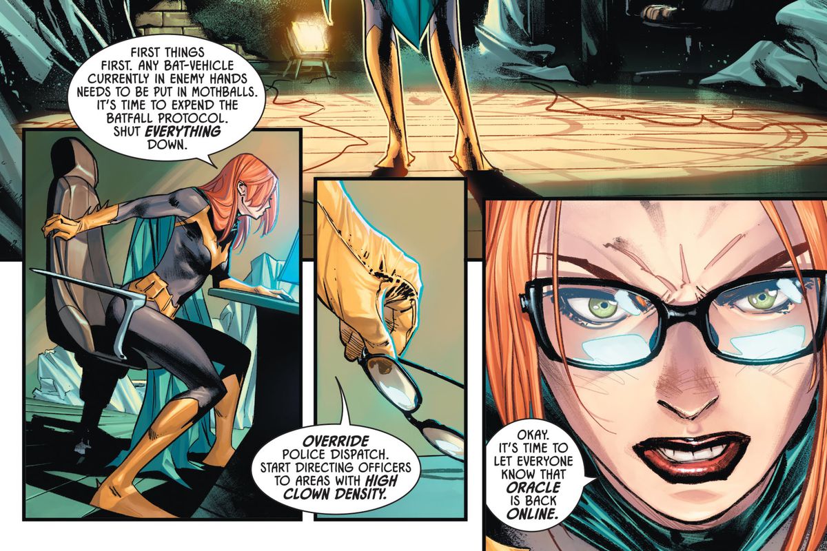 Batgirl, sansar sin mask, sätter sig ner vid en datorkonsol i hennes gömställe och tar på sig glasögonen. ”Okej”, säger hon, “Det är dags att låta alla veta att Oracle är tillbaka online,” i Batman # 100, DC Comics (2020). 