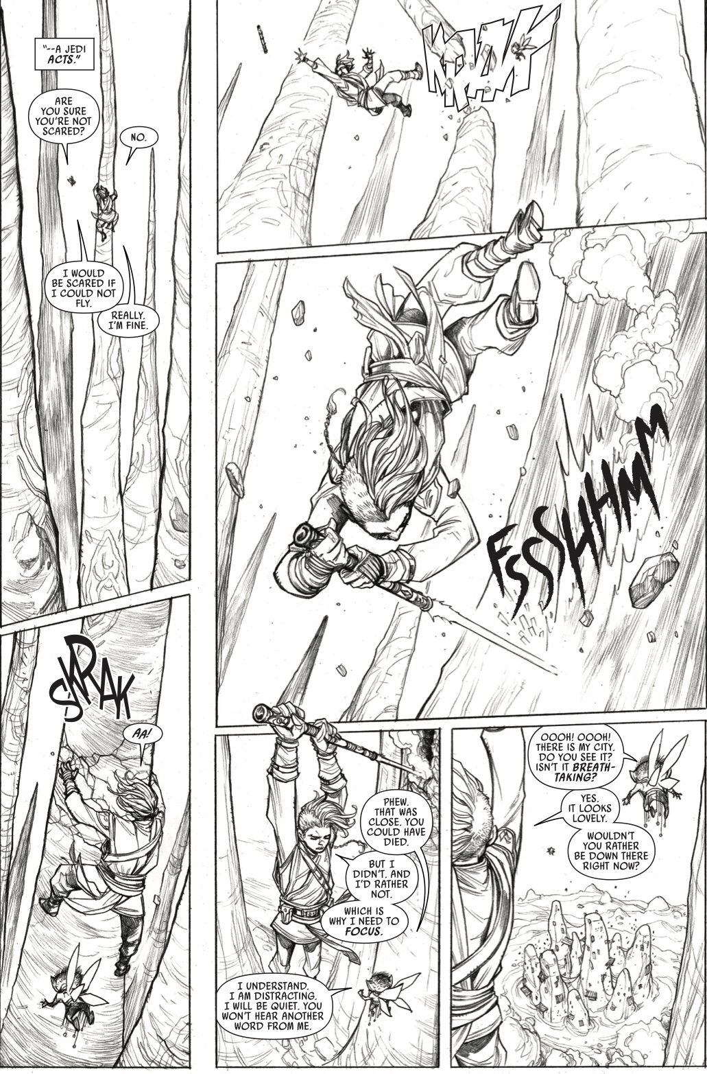 Keeve Trennis faller nerför en klippa med sin ljussabel i The HIgh Republic Marvel Comic # 1