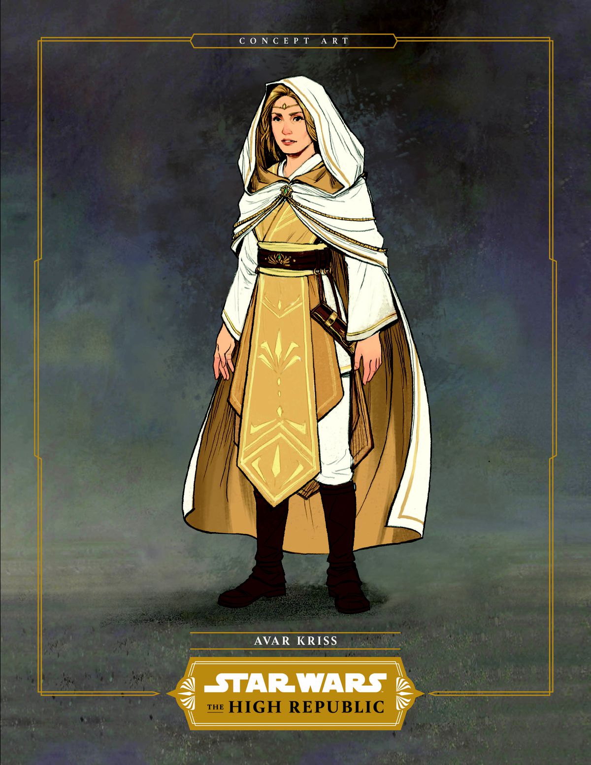 Avar Kriss i Jedi-regalia i guld och vit. 