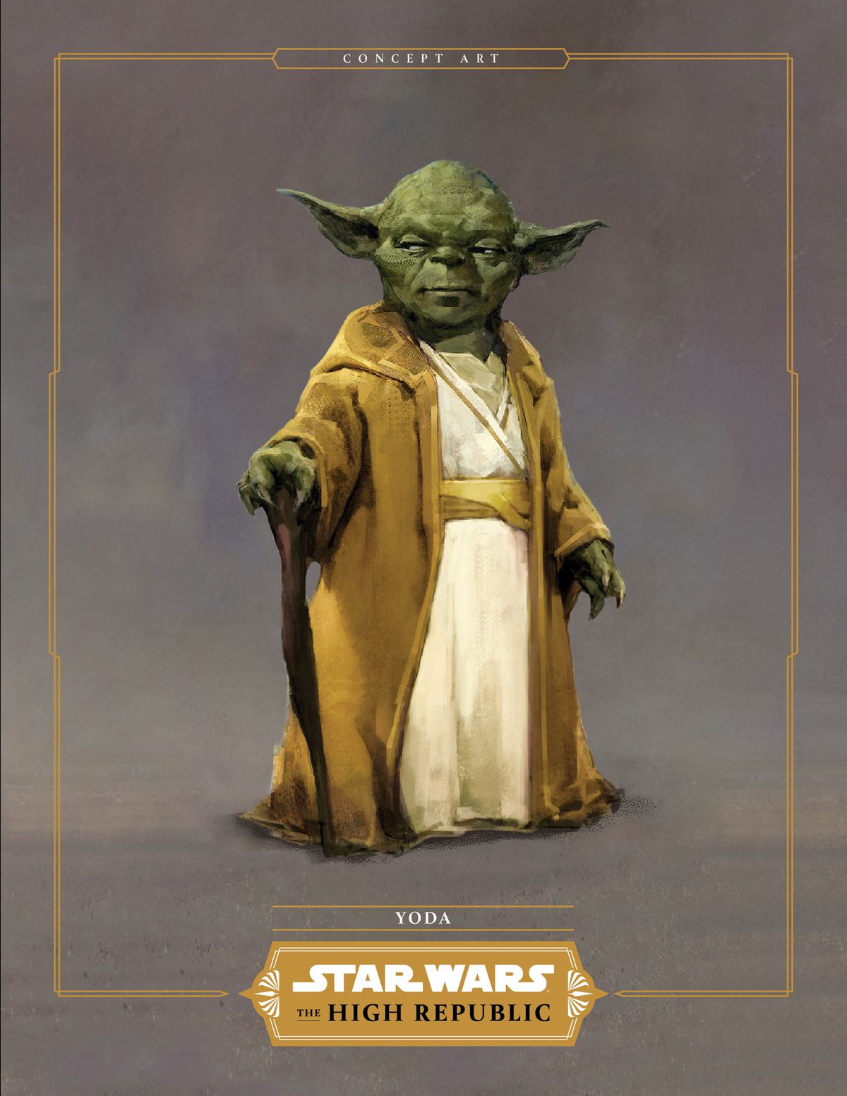 Yoda, med sin trärotting, i guld- och vita kläder. 