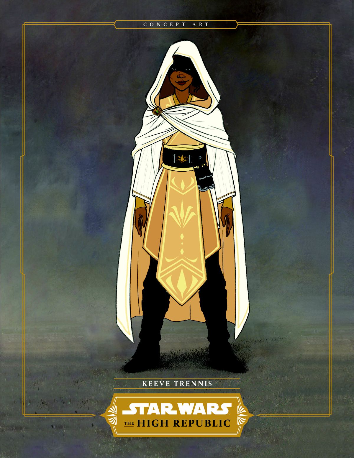 Keeve Trennis, en brunhårig Jedi i guld- och vita kläder. 