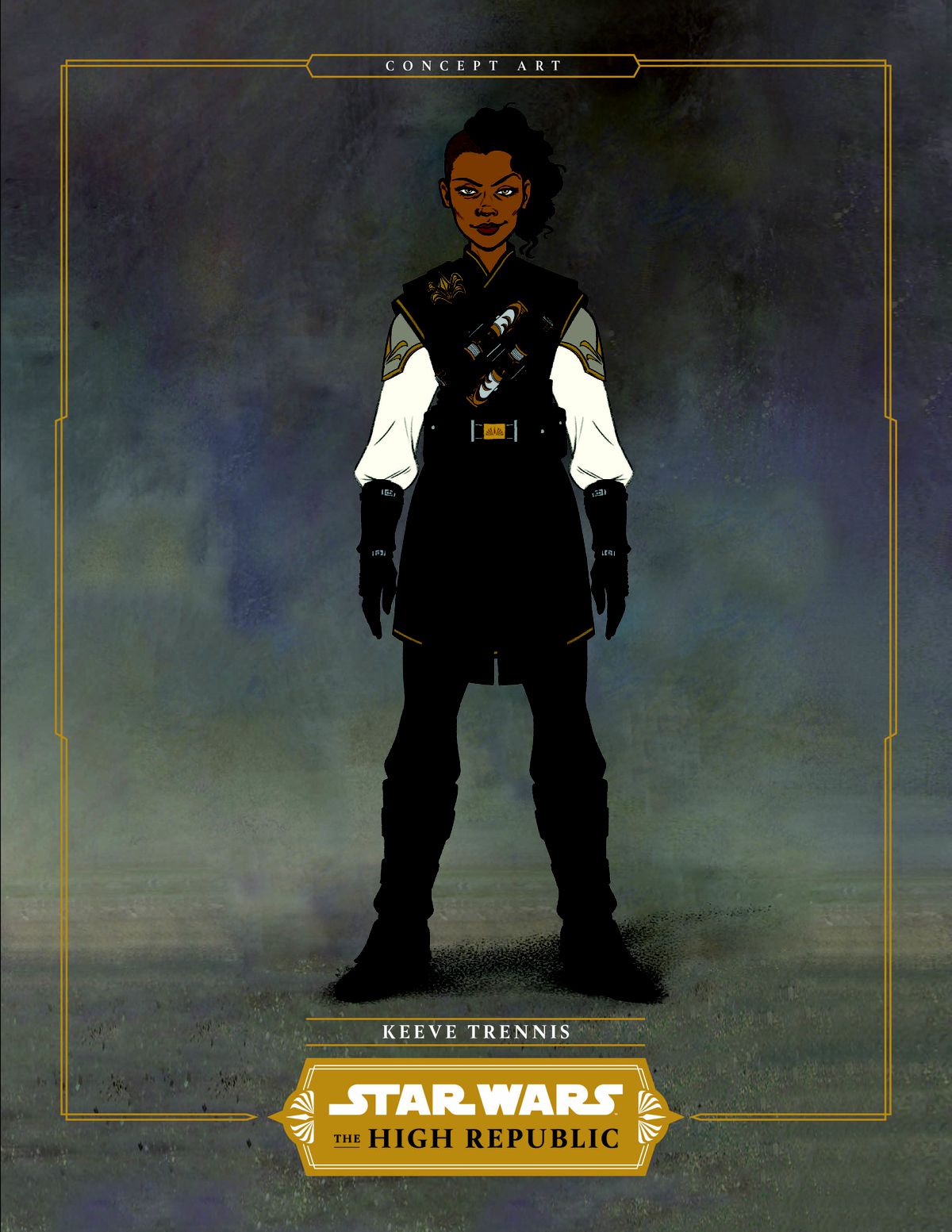 Keeve Trennis, en brunhårig Jedi med lockigt hår, i svartvita resekläder. 