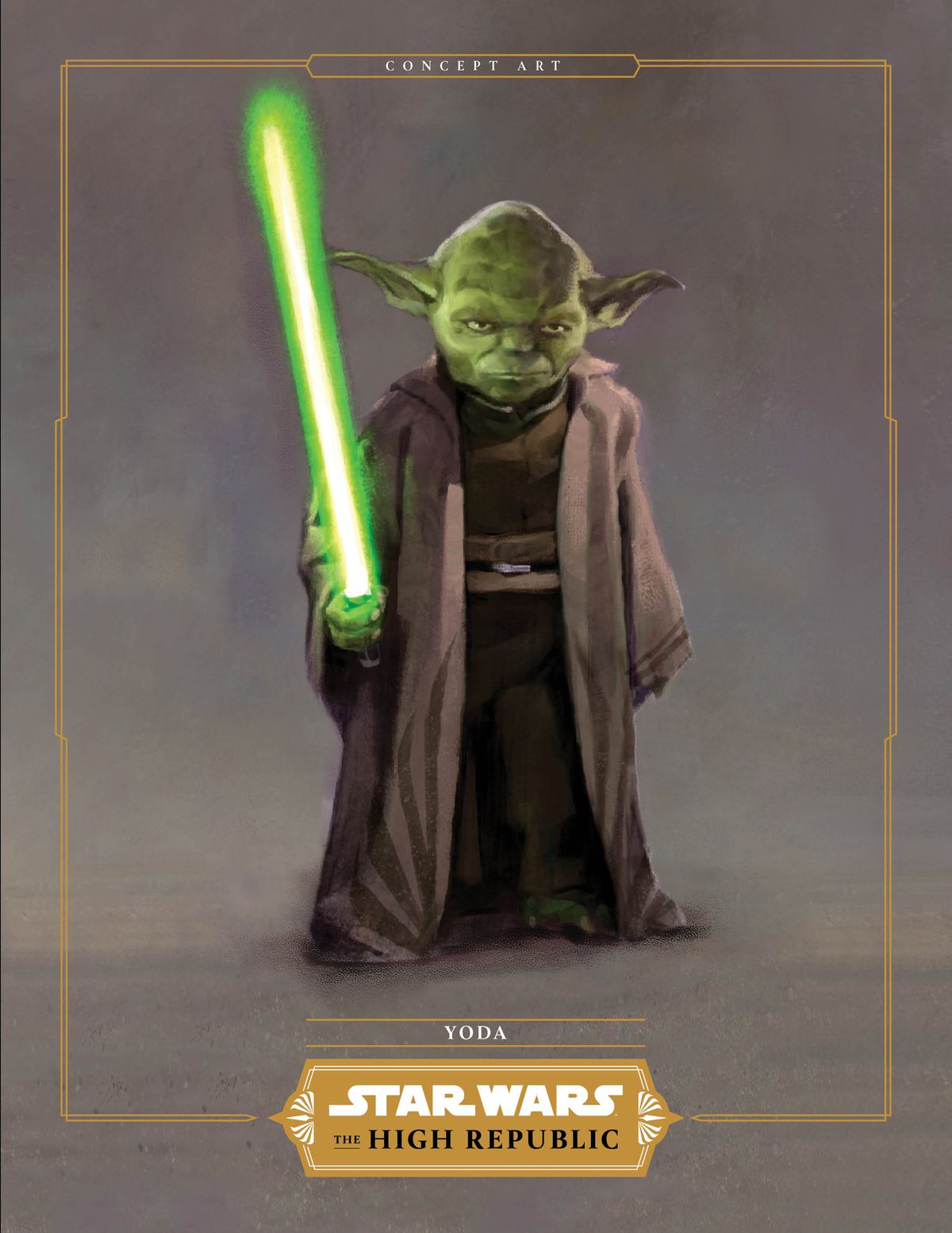 Yoda, i bruna kläder, svängande med en grön ljussabel. 