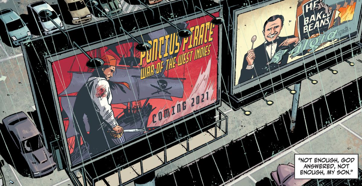 En skyltannons för Pontius Pirate: War of the West Indies, en blockbuster som kommer 2021 i Rorschach # 1, DC Comics (2020).