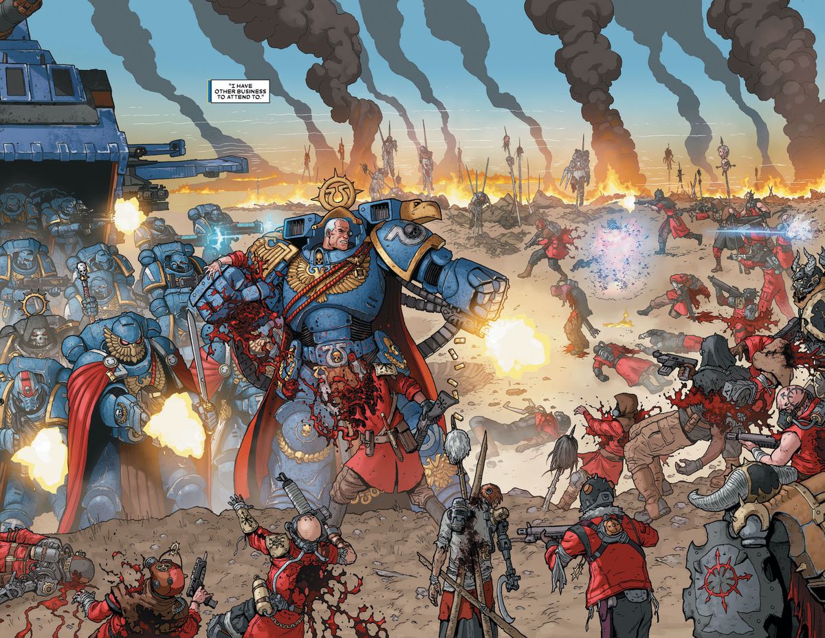 Marneus Calgar och ett demi-företag av Ultramarines hoppar från ett Thunderhawk Gunship för att riva igenom några generiska Chaos-trupper, i Warhammer 40000: Marneus Calgar # 1, Marvel Comics (2020). 