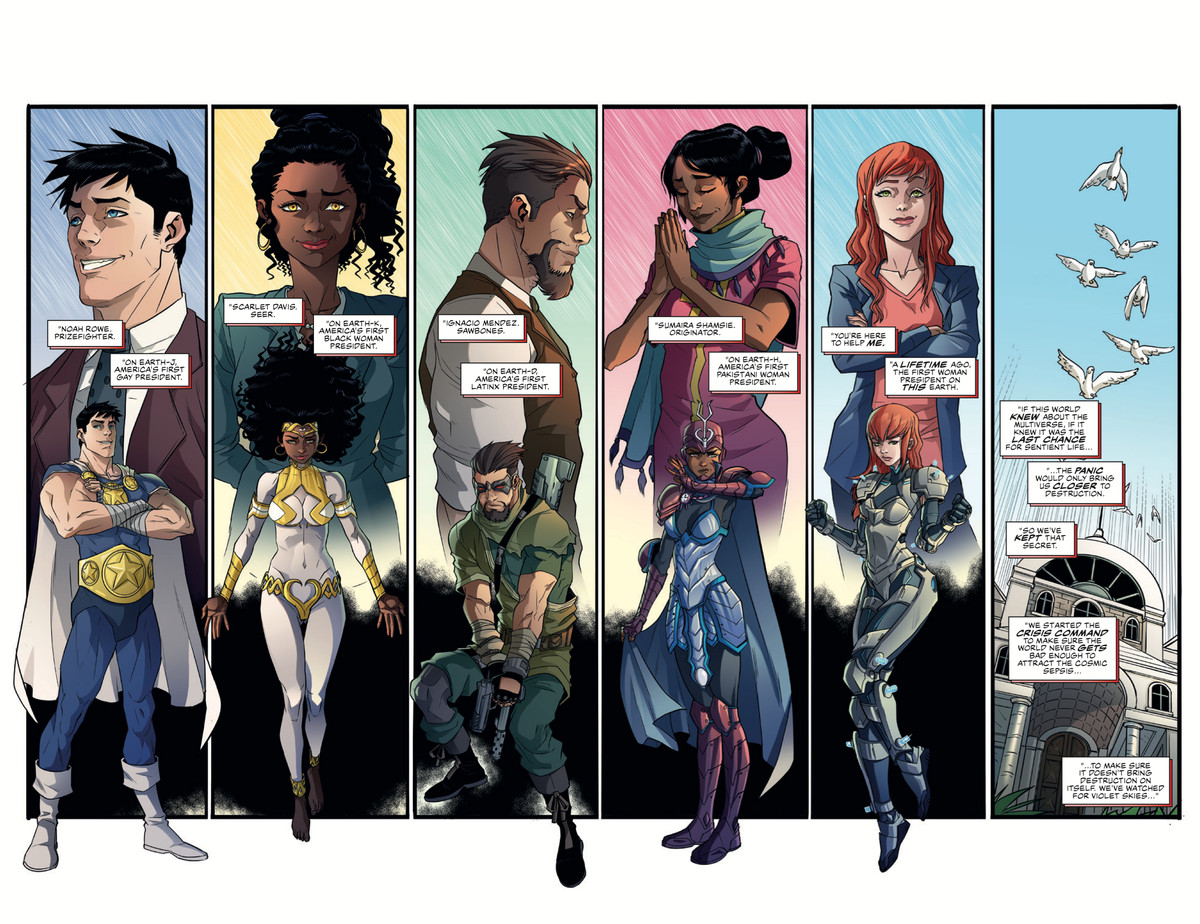 Hjältarna från Crisis Command, en grupp mellandimensionella väktare som består av den första [marginalized identity] president för deras respektive Amerika, i Commanders in Crisis # 1, Image Comics (2020). 