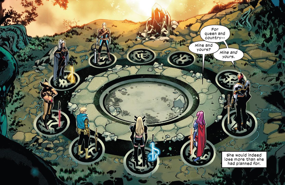 Cable, Storm, Wolverine, Douglock, Magik, Captain Britain och Captain Avalon står på sina sigiler vid svärddäcket i Krakoa, i Excalibur # 13, Marvel Comics (2020). 