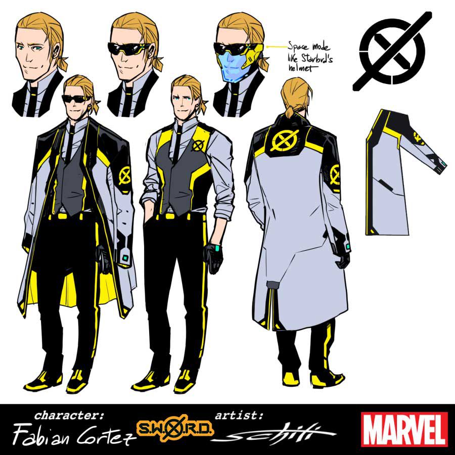Karaktärsdesigner för Fabian Cortez, med en svart, gul och grå kostym och väst, med en stor liknande färgad rock och idiotiska solglasögon. 