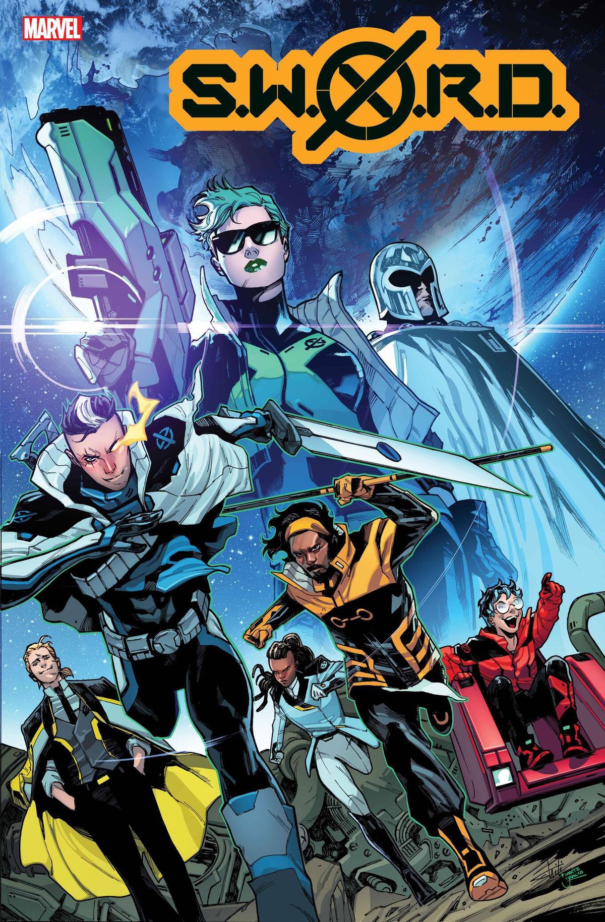 Abigail Brand, Magneto, Cable, Manifold, Whiz Kid, Fabian Cortez och Frenzy på omslaget till SWORD # 1, Marvel Comics (2020).