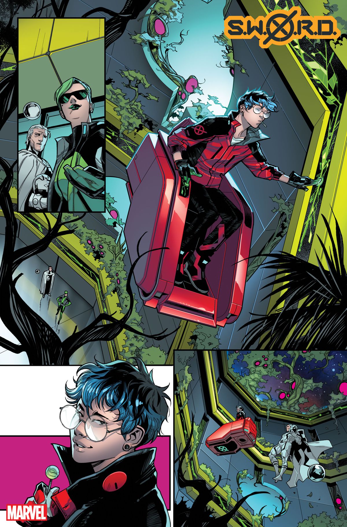 Wiz-Kid träffar Abigail Brand och Magneto på SWORD-stationen i SWORD # 1, Marvel Comics (2020). 