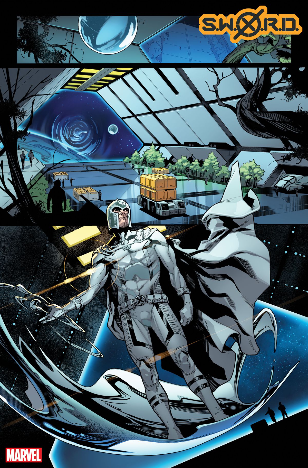 Magneto anländer till SWORD-stationen på en oavslutad sida från SWORD # 1, Marvel Comics (2020). 