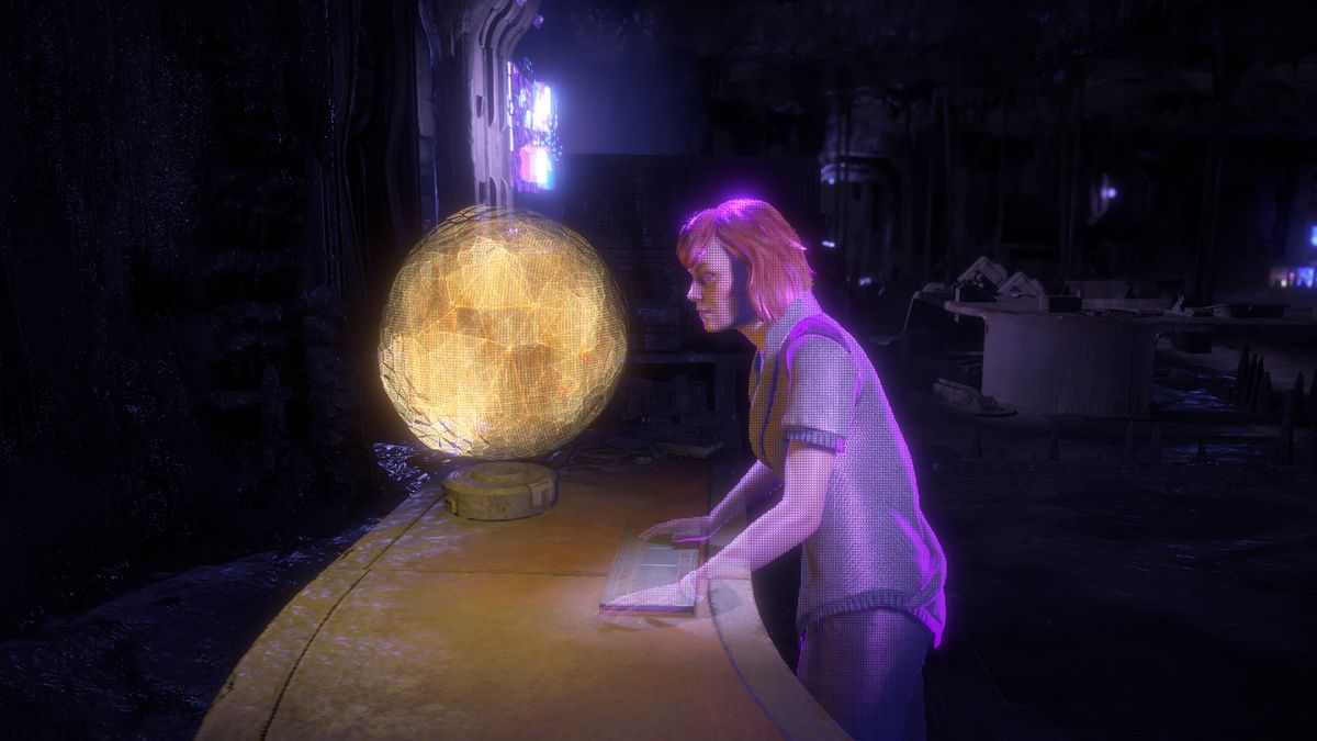 en rödhårig kvinna pratar med en hologram av en gul boll, representationen av Gaia, projektet: Zero Dawn master AI, i Horizon Zero Dawn