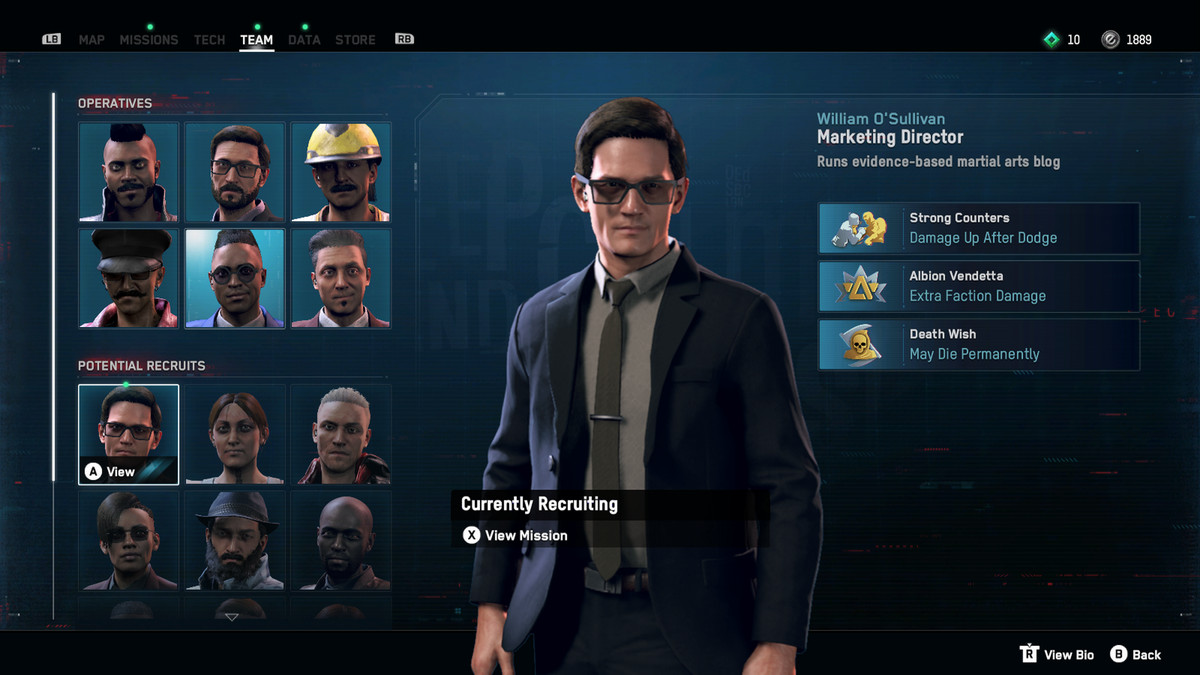 teamrekryteringsskärm som visar en kandidat i en kavaj, slips och rökt glasögon