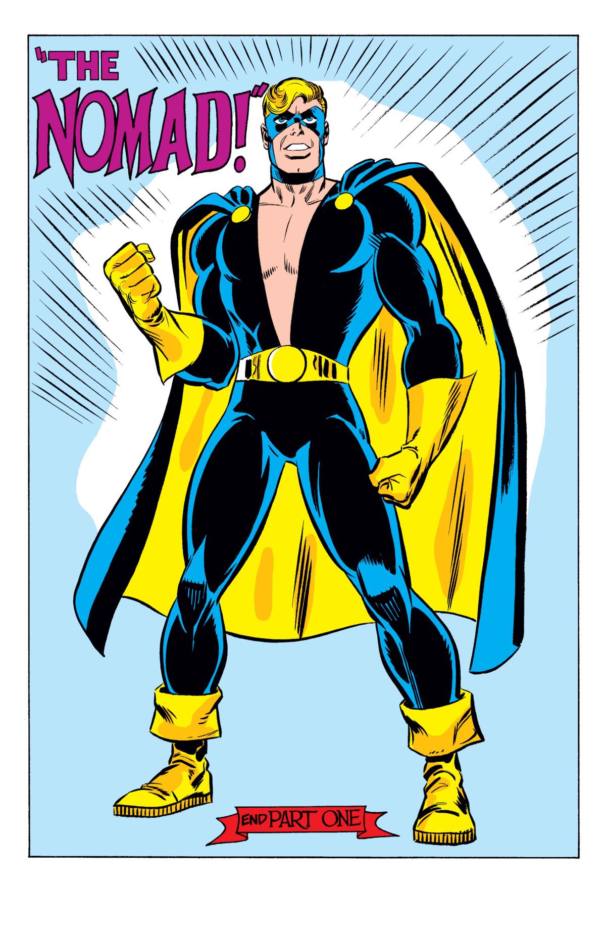 Steve Rogers i kostym som Nomad, i en blå kostym och mask med gula stövlar, handskar, bälte och en blå kappa fodrad med gult. Hans skjorta är öppen från axlarna till bältet i en djup V, från Captain America # 180, Marvel Comics (2020). 