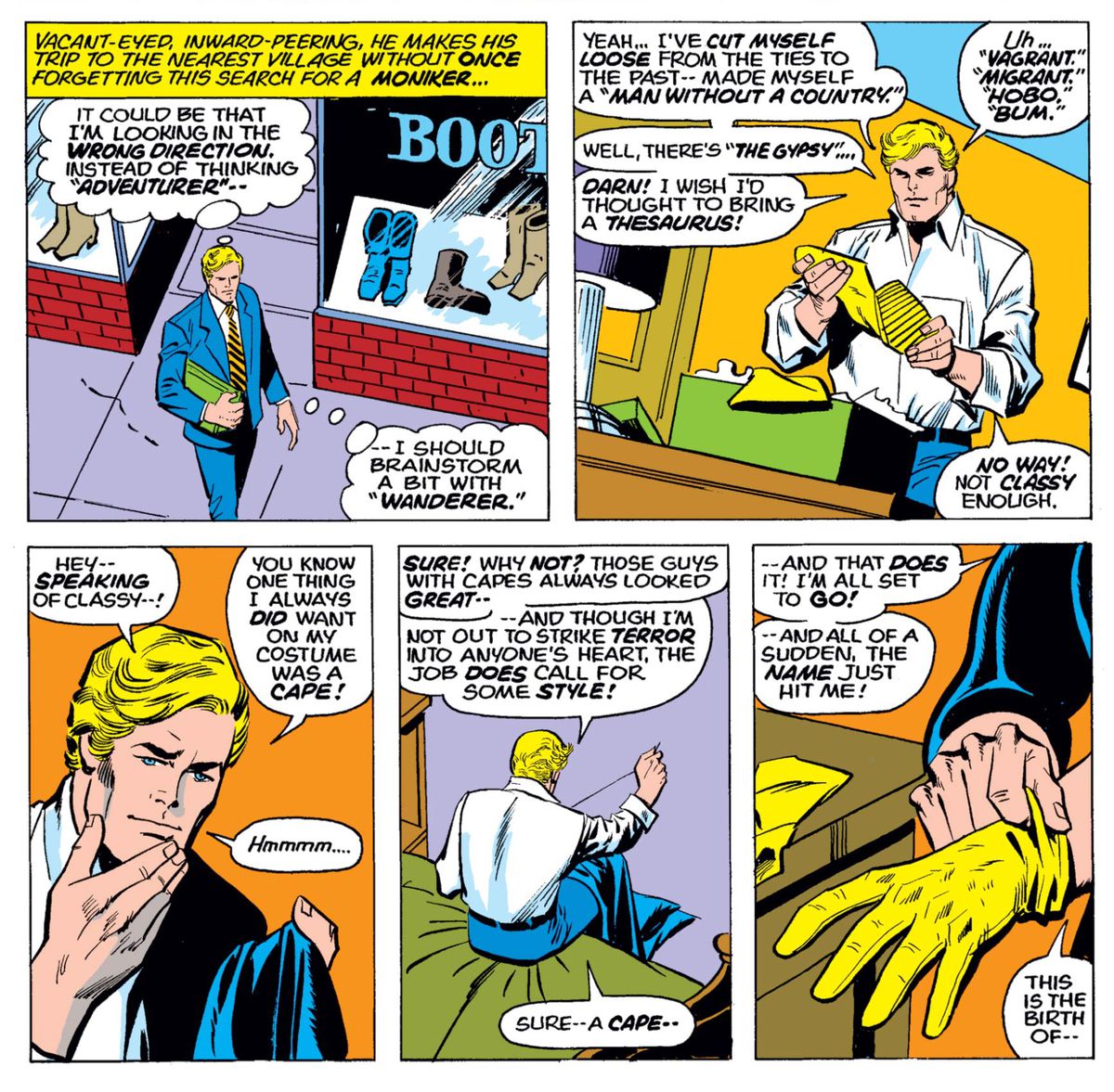 Steve Rogers köper några handskar och stövlar och slutar sy sin nya kostym i Captain America # 180, Marvel Comics (1974). 