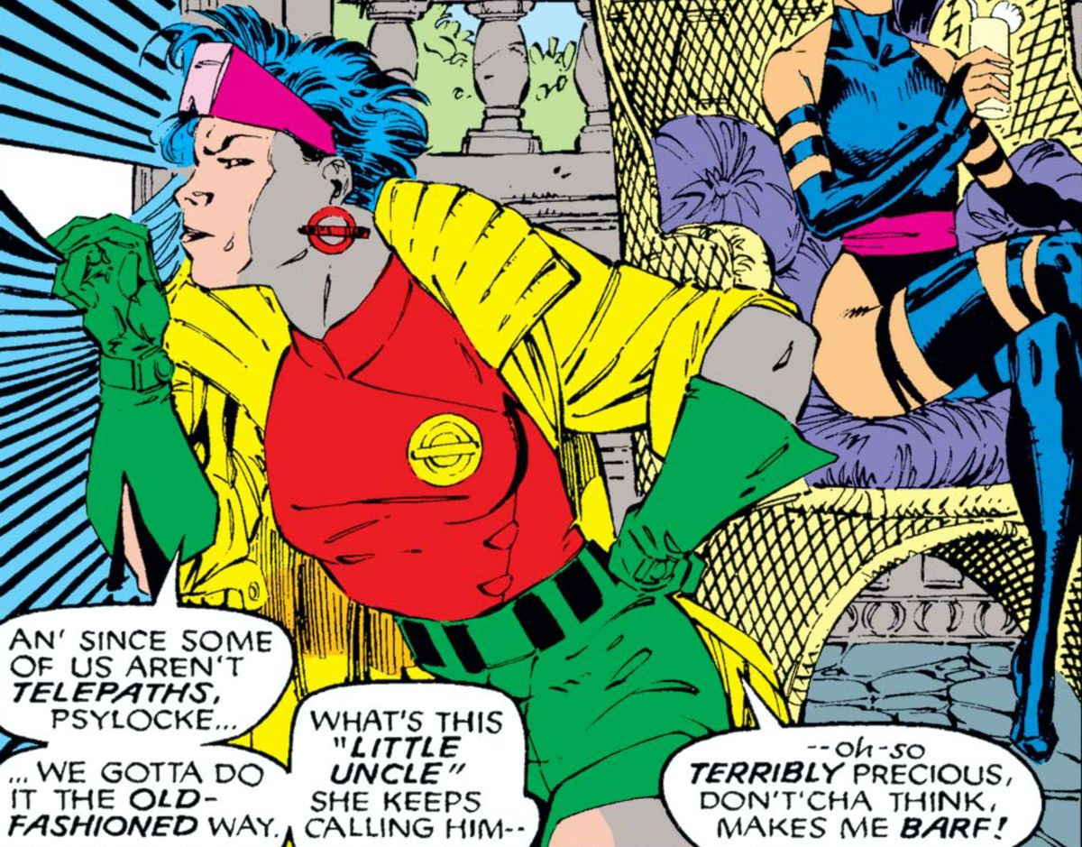 Jubiliee spionerar på Wolverine i gröna shorts, gröna handskar, en röd skjorta, rosa nyanser och en stor gul trenchcoat, i Uncanny X-Men # 268, Marvel Comics (1990). 