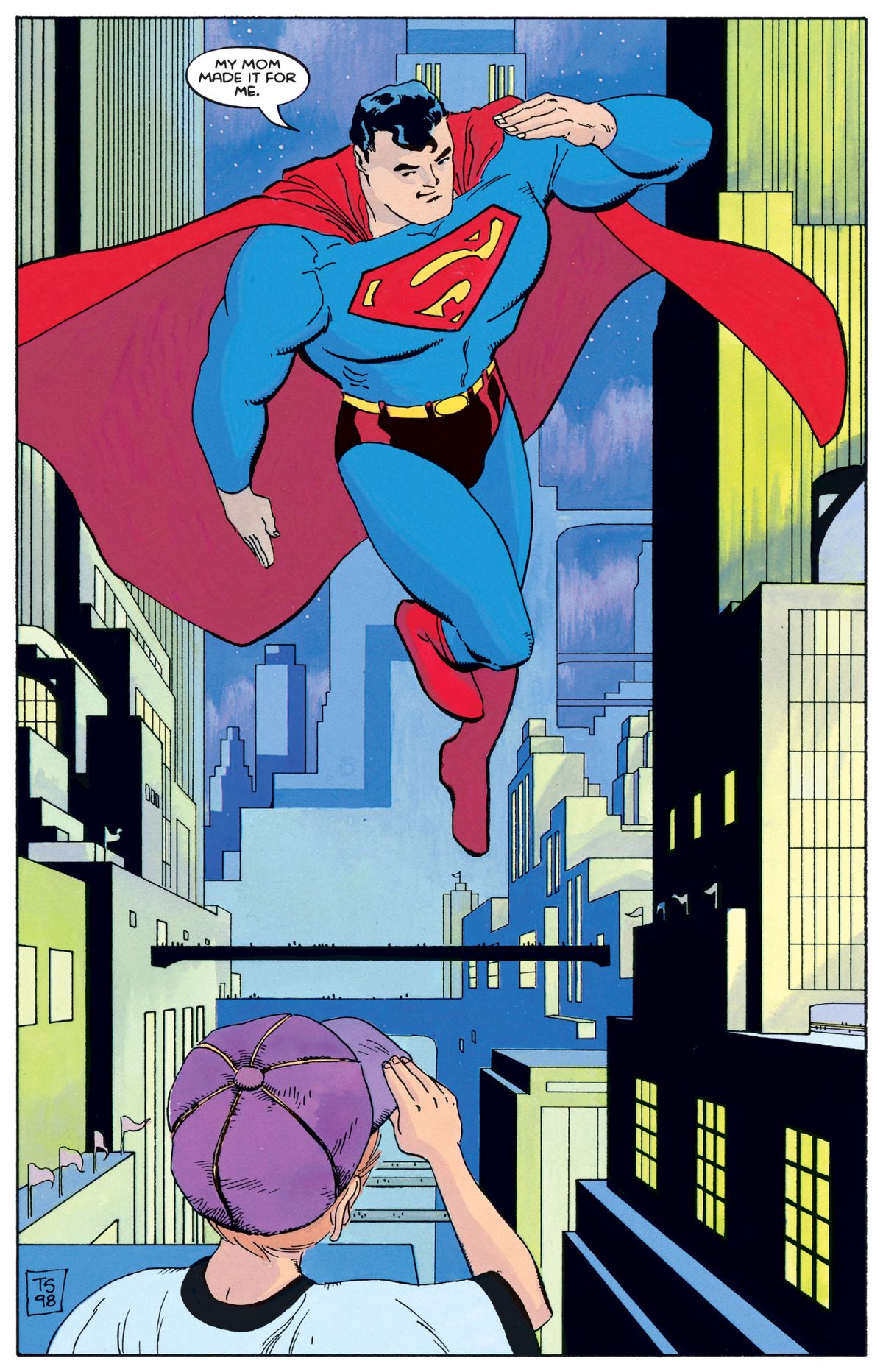 Hoppande i luften hälsar Superman en liten pojke. 