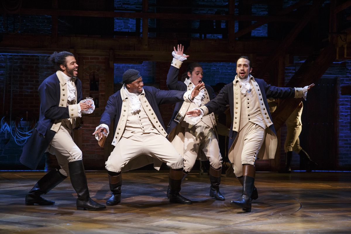 lafayette, hercules mulligan, john laurens och hamilton i Broadway-rollen i Hamilton