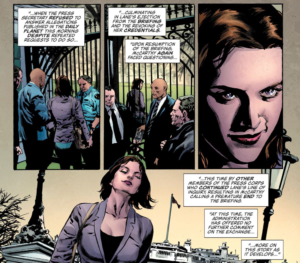 Lois Lane går bort från Vita huset efter att ha upphävt sin pressinformation för att ställa för många obekväma frågor i Lois Lane # 1, DC Comics (2019). 