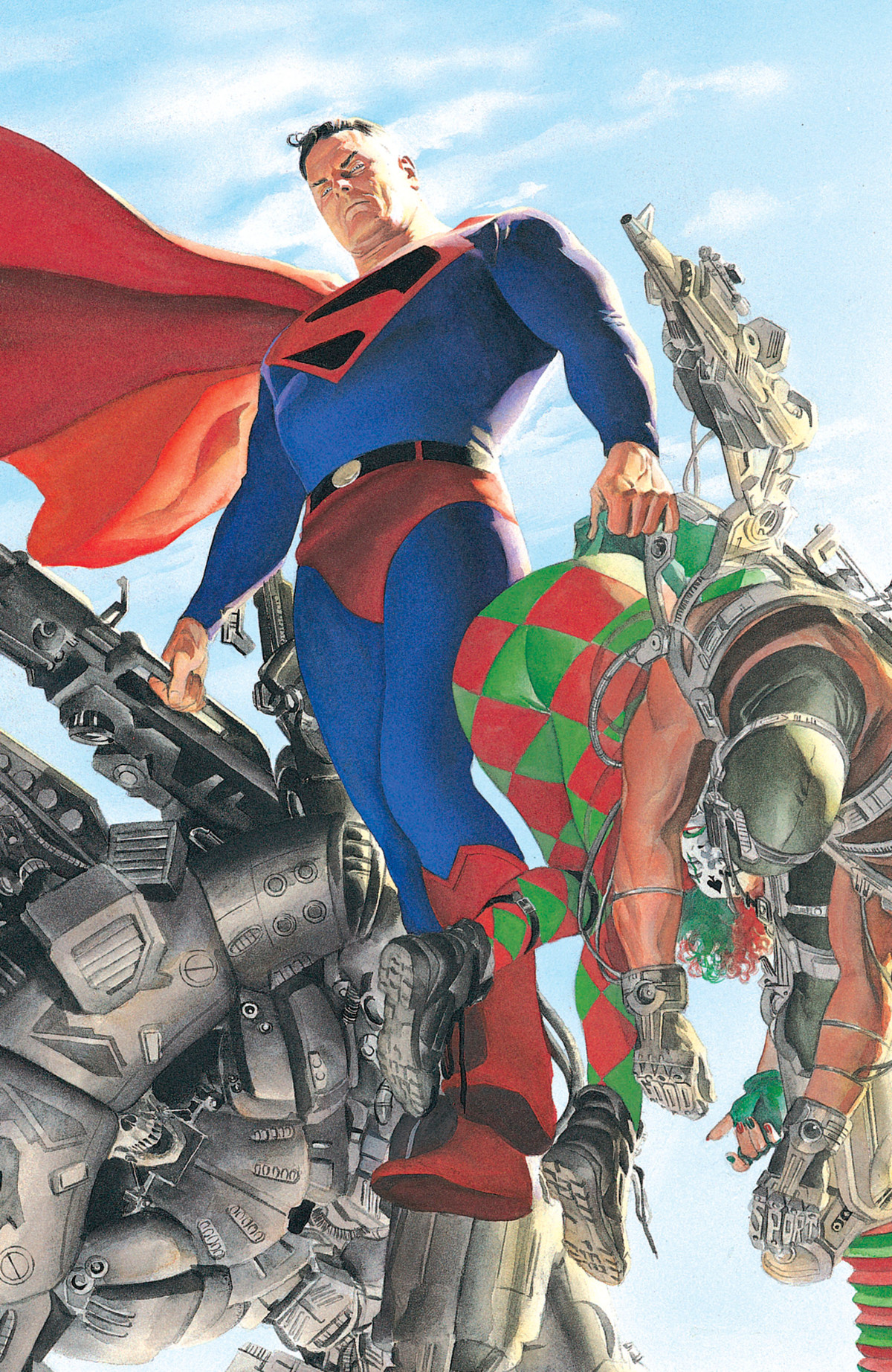 En äldre Superman svävar i luften och håller två omedvetna metahumans vid bältet i Kingdome Come, DC Comics (1996). 