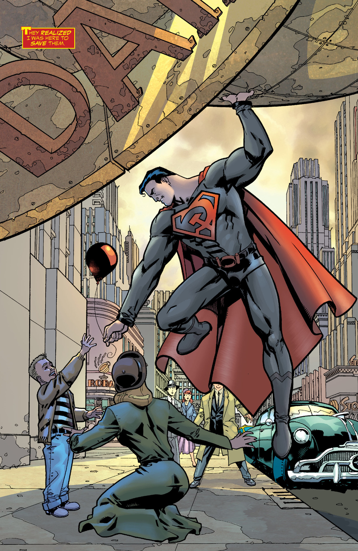 Superman, som bär den sovjetiska hammaren och skäran istället för sin S-symbol, ger en ballong till en liten pojke, samtidigt som den räddar honom från Daily Planet: s fallande kupol i Superman: Red Son, DC Comics (2003). 