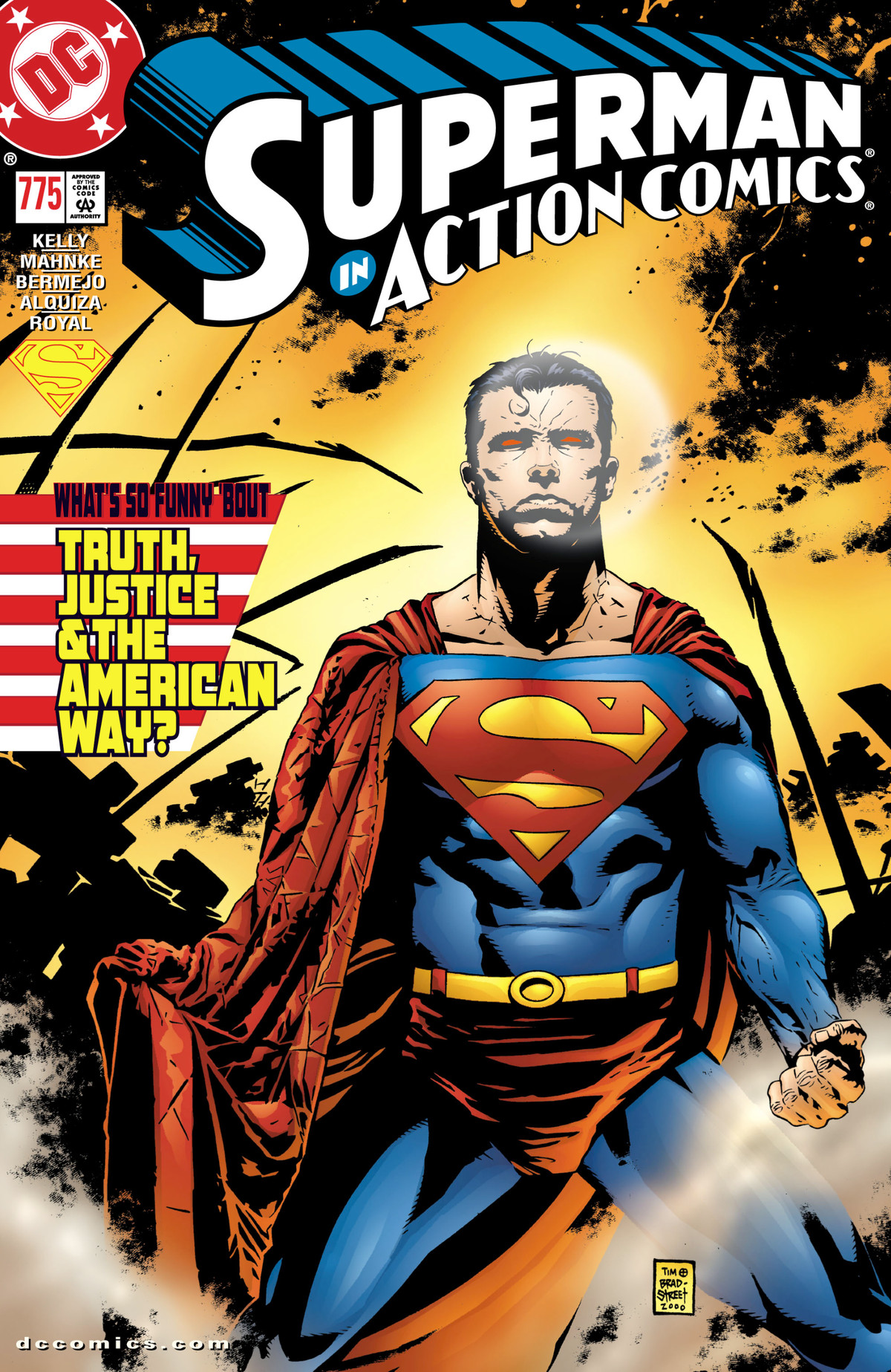 Superman knäböjer under eldig förstörelse på omslaget till Action Comics # 775, DC Comics (2001). 
