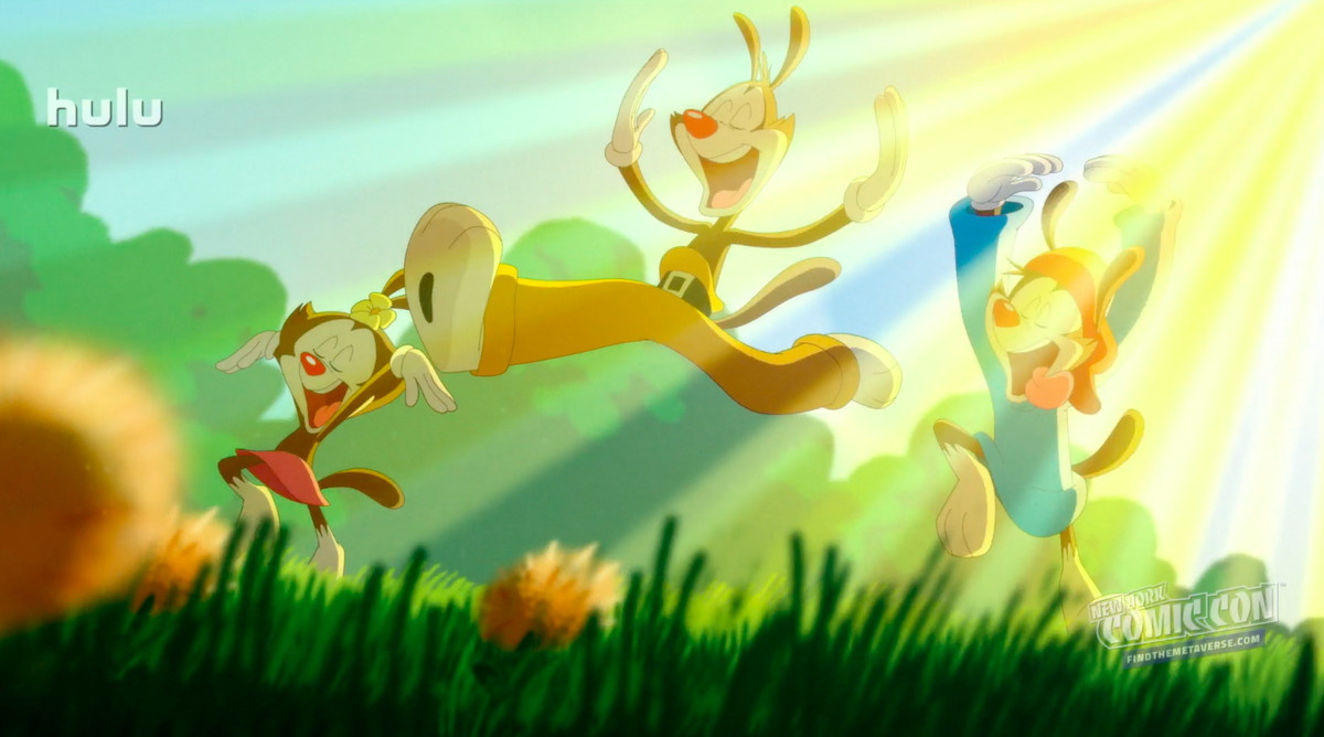 Dot, Yakko och Wakko strävar runt i det gyllene solljuset i Animaniacs