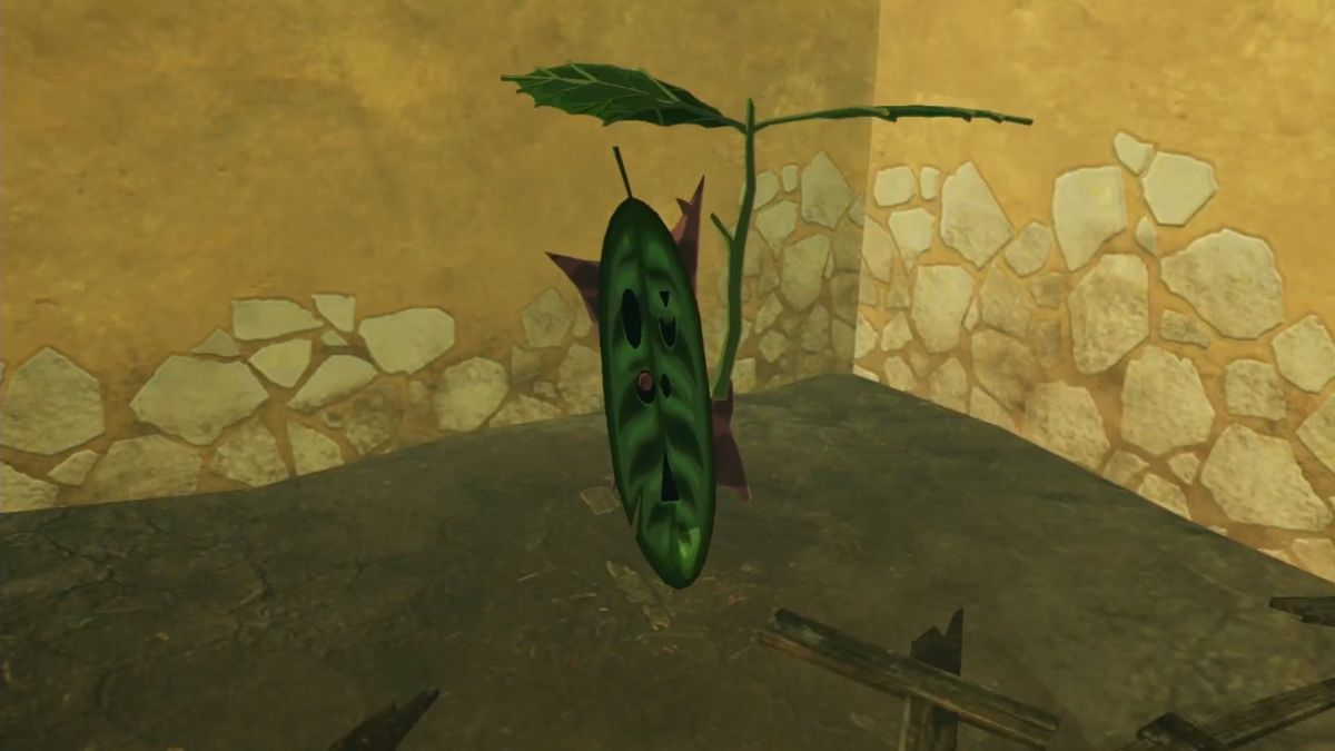 En Korok från Zelda står i ett hörn och håller ett bladparaply