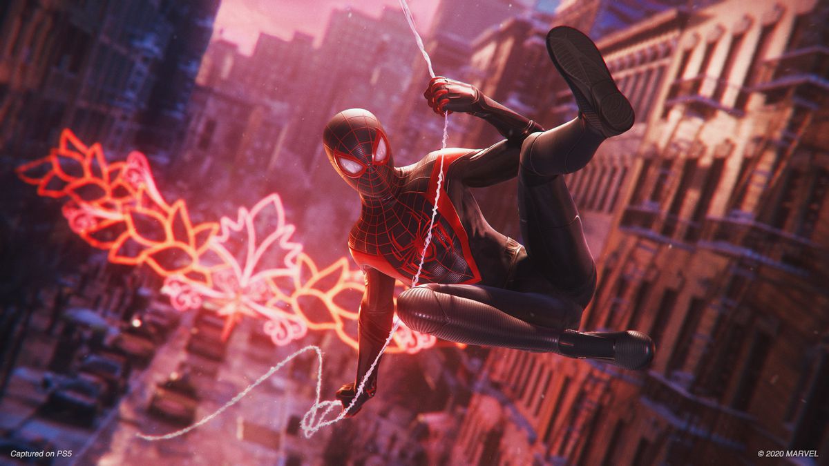 Spider-Man swinging through the streets in Spider-Man: Miles Morales
