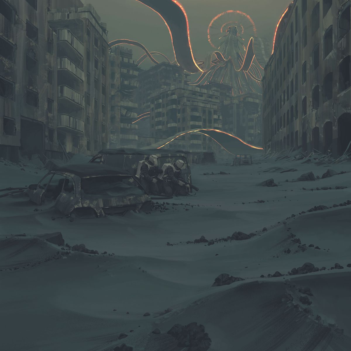 Flera beväpnade, lämpliga humanoider hukar i locket på en förstörd skåpbil. På avstånd slår glödande tendrils av svart filament ut mot en förstörd stadsbild.