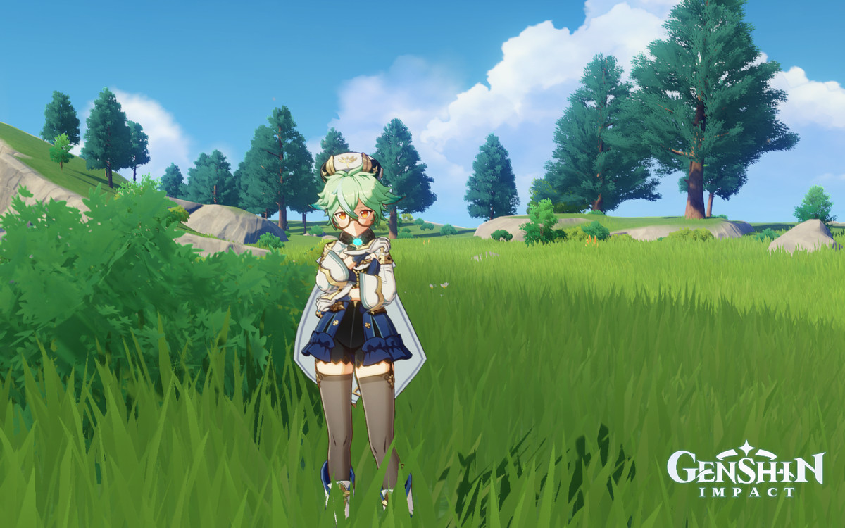 Sackaros, en grönhårig alkemist, står i ett gräsbevuxet fält