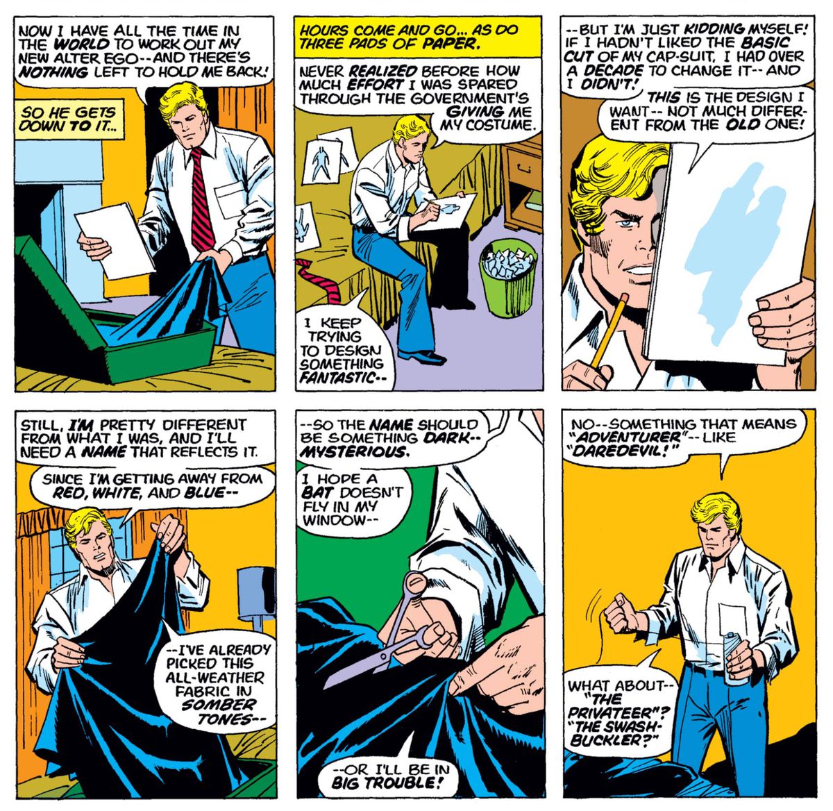 Steve Rogers skissar sin nya kostym och börjar klippa och sy tyg för den i Captain America # 180, Marvel Comics (1974). 