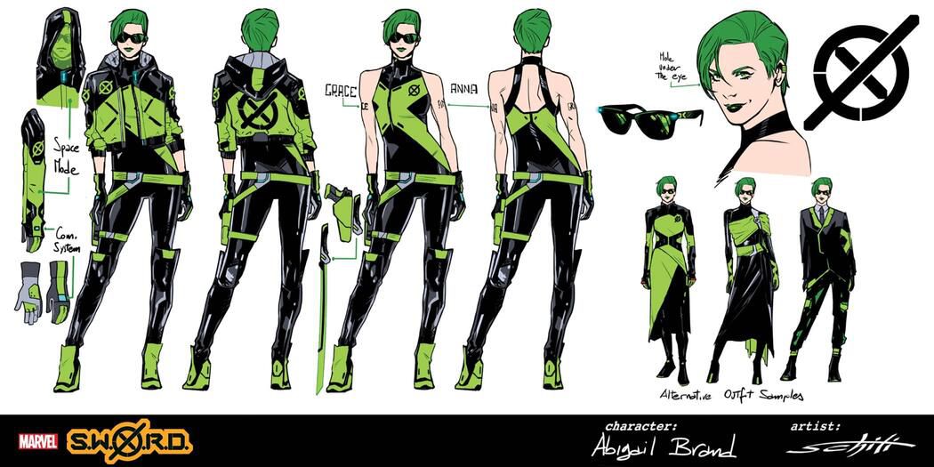 Karaktärsdesign för Abigail Brand, som bär en tät grön och svart unitard, med gröna stövlar och en svart och grön jacka och solglasögon. Hennes hår och läppstift är också gröna. 