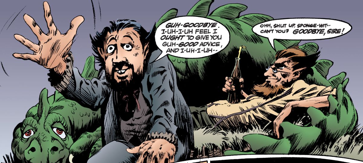 Abel vinkar hejdå, stammande, medan Cain lounger mot en gargoyle med en flaska läsk och ett sugrör i The Sandman # 2, DC Comics (1989).