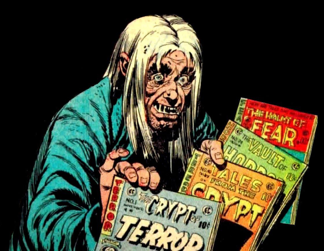 Den läskigt grinande Cryptkeeper erbjuder ett urval av skräckartiklar från EC Comics till tittaren. 