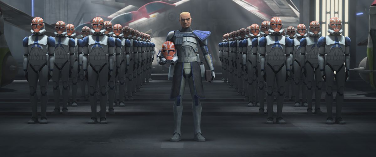 Rex från Star Wars: The Clone Wars står nära klonarmén