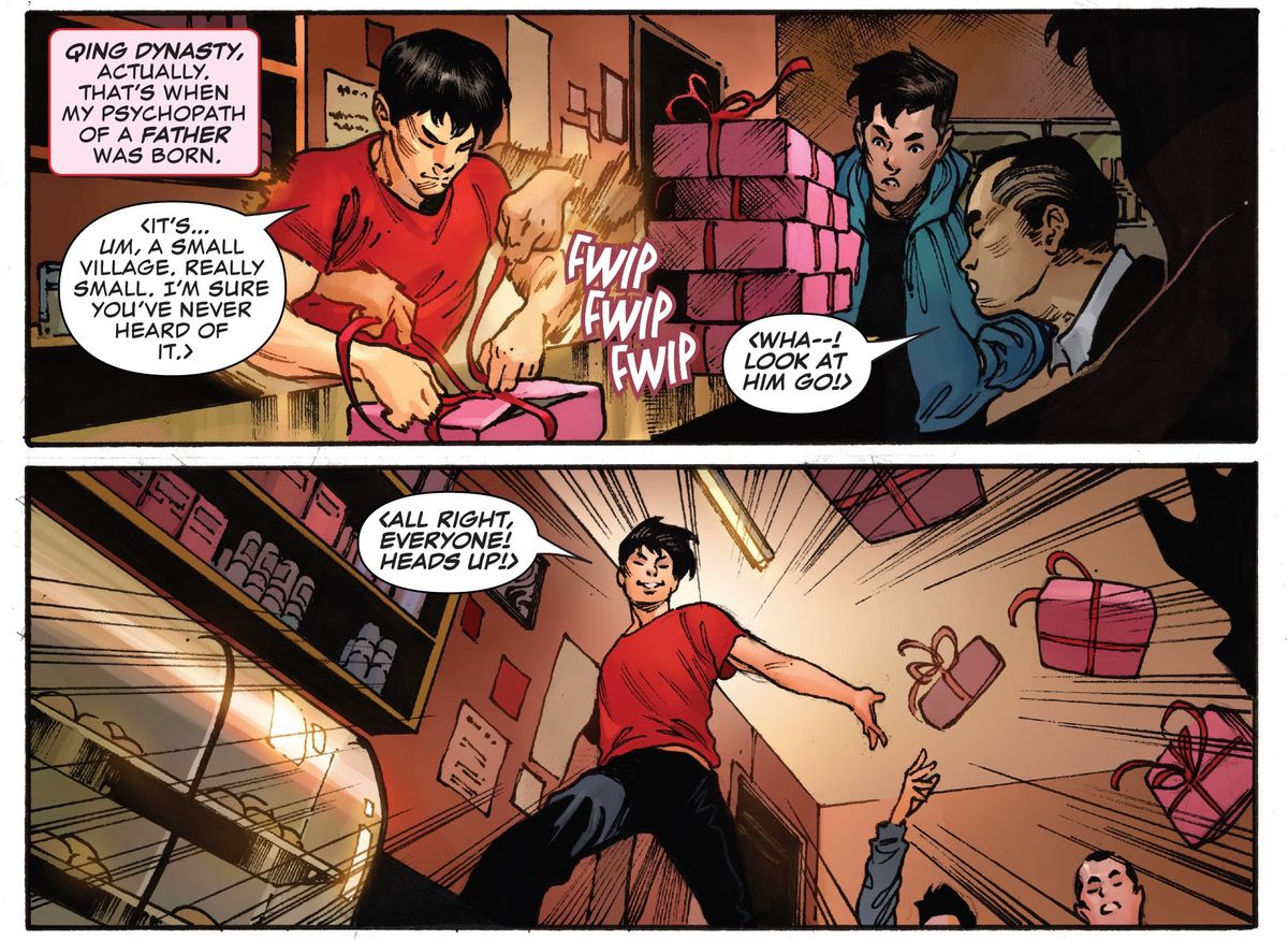 shang-chi serverar några kinesiska bakverk med sin superstyrka från Shang-Chi # 1 Marvel 2020