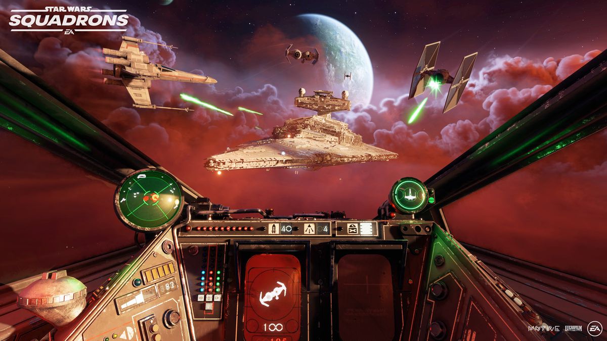 En vy från insidan av en X-wing cockpit i Star Wars: Squadrons