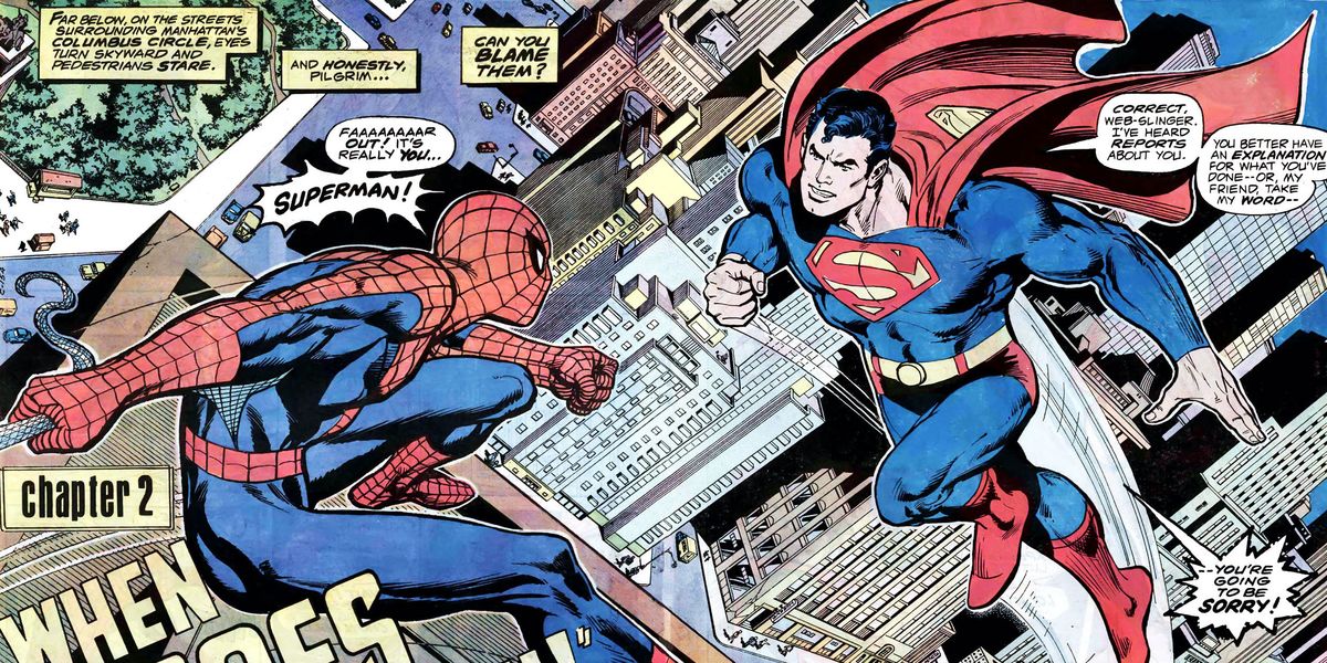 Superman och Spider-Man möts i Superman vs Amazing Spider-Man # 1, DC Comics och Marvel Comics, 1976. 