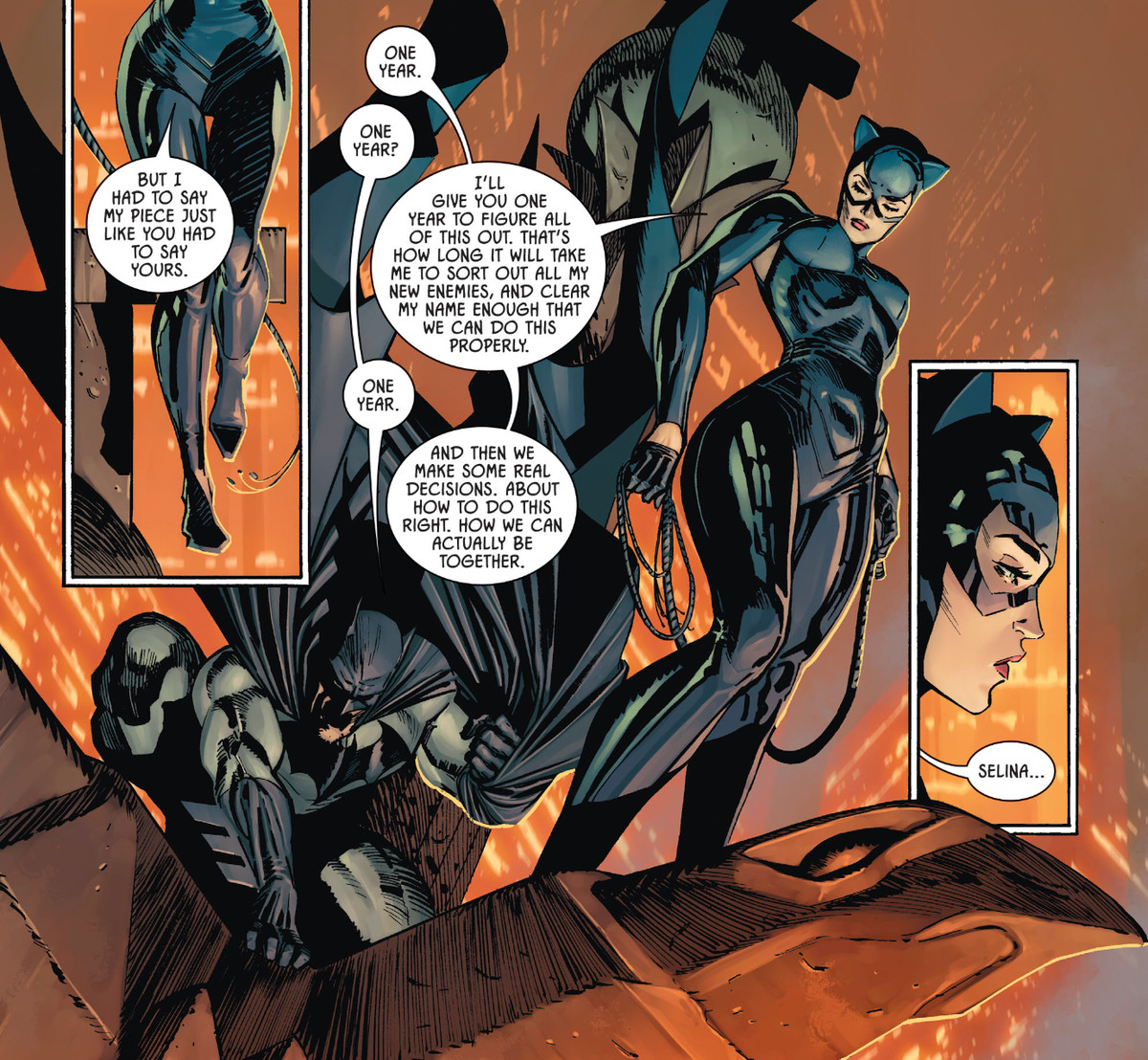 Catwoman förklarar sin plan att skilja sig från Batman i ett år så att de kan träna sina egna liv, i Batman # 101, DC Comics (2020). 