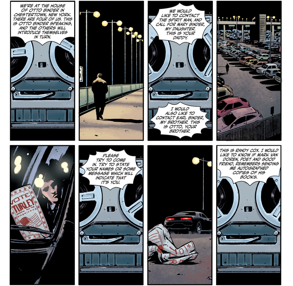En inspelning gjord av deltagare i en seance - inklusive Otto Binder och en man som frågar efter Mark Van Doren spelar över bilder av en karaktär som går in i sin bil på en parkeringsplats i Rorschach # 1, DC Comics (2020). 