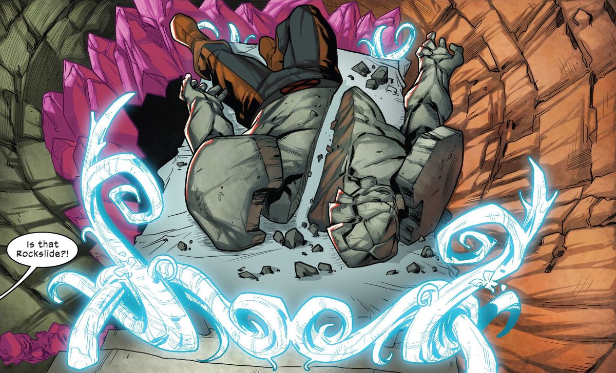 Kroppen av den steniga mutanten Rockslide, liggande på en bår, delad från axel till höft, i X-Factor # 4, Marvel Comics (2020). 