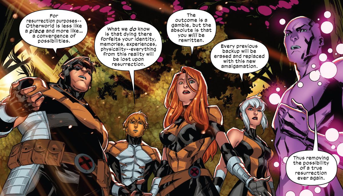 The Five förklarar att om en mutant dör i Otherworld, kommer deras Cerebro-backup att skrivas om med information från andra verkligheter, 