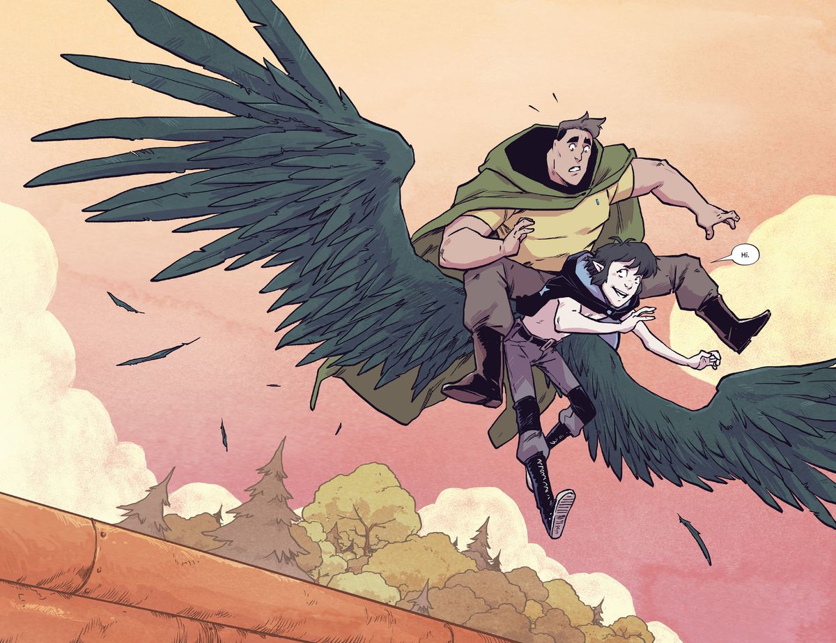 Wynd använder sina nya vingar för första gången för att rädda sina vänner i Wynd # 5, Boom Studios (2020). 
