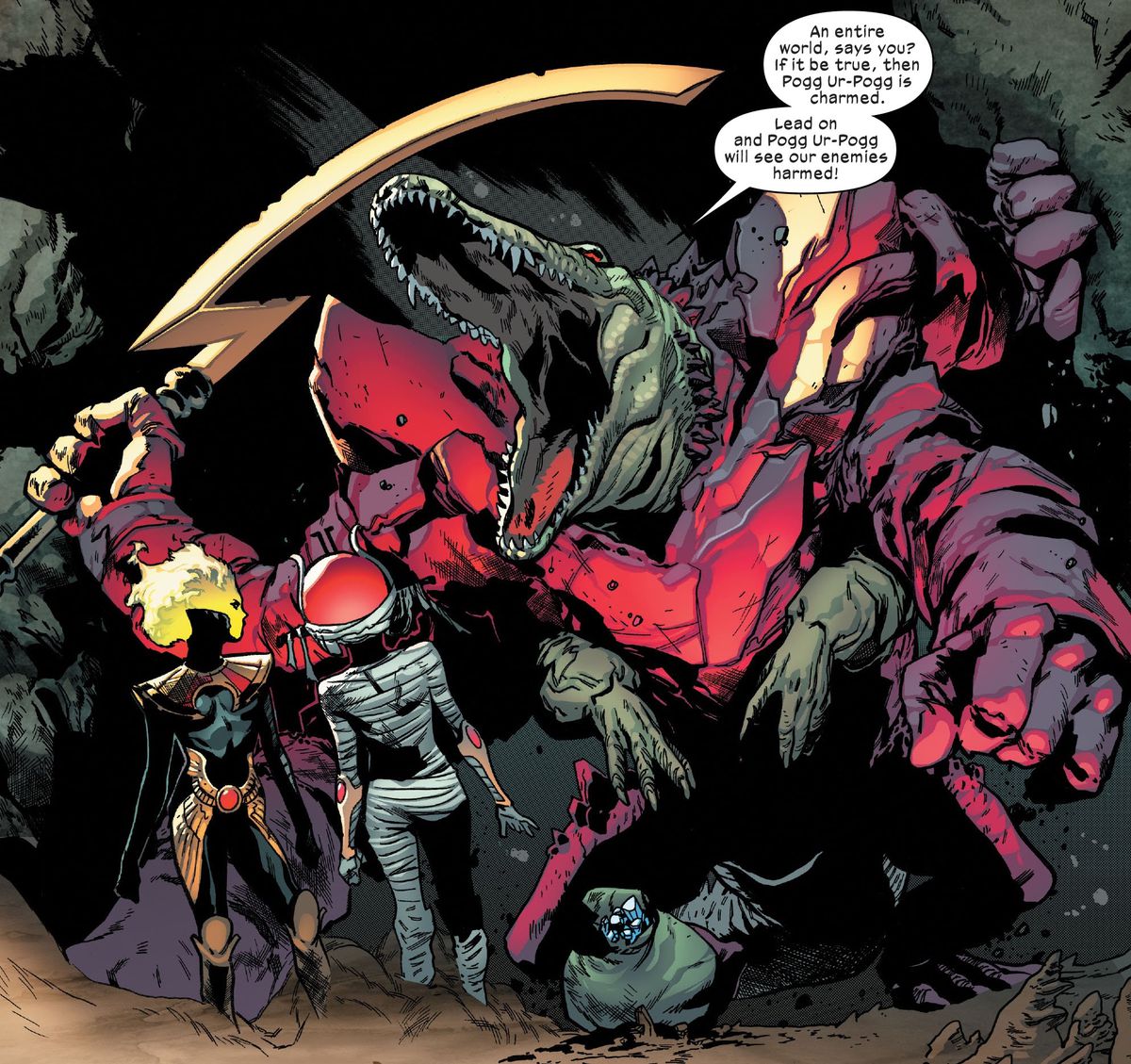 Pogg Ur-Pogg svänger sitt svärd, Pogg Ur-Pogg, när han förklarar att han kommer att ansluta sig till Arakkos svärdbärare, i X of Swords: Stasis, Marvel Comics (2020). 