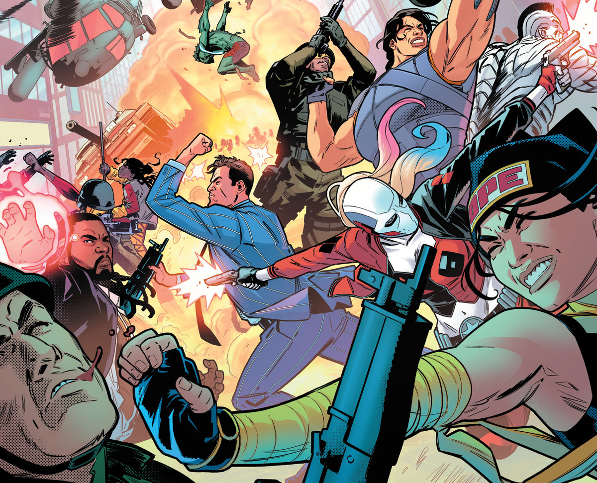Suicide Squad kämpar med beväpnade soldater i ett upplopp av färg och slag i Suicide Squad # 10, DC Comics (2020). 
