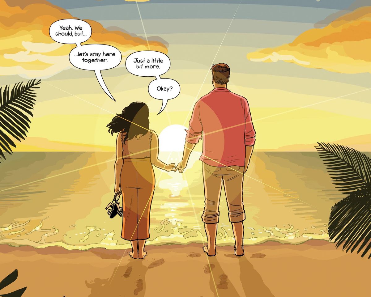 Suzie och Jon står på stranden vid gryningen, pinkies länkade, i Sex Criminals # 69, Image Comics (2020). 