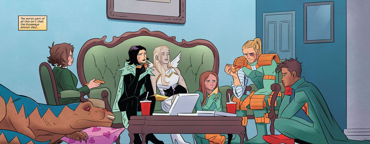 Demoraliserade och skadade delar Runaways en pizza i sina superhjälteuppdrag i Runaways # 32, Marvel Comics (2020). 