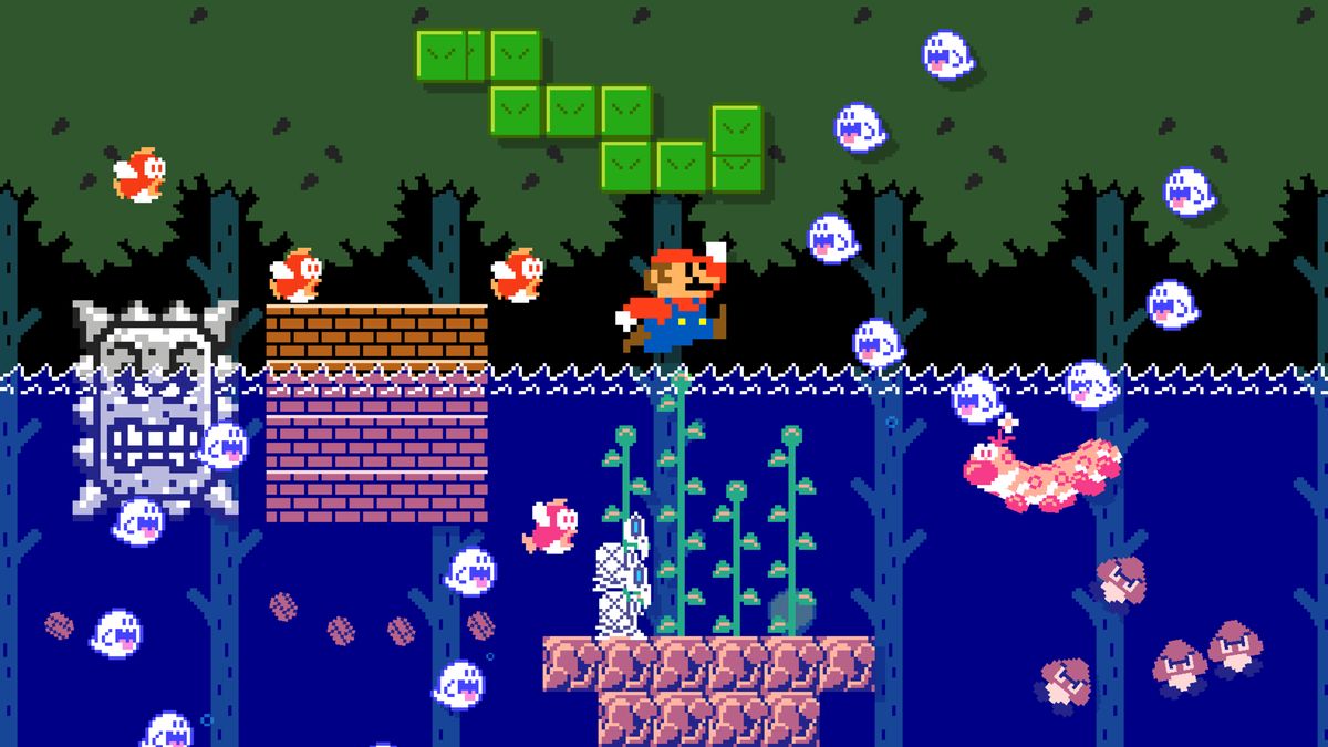 Mario hoppar över vatten i Super Mario Maker 2