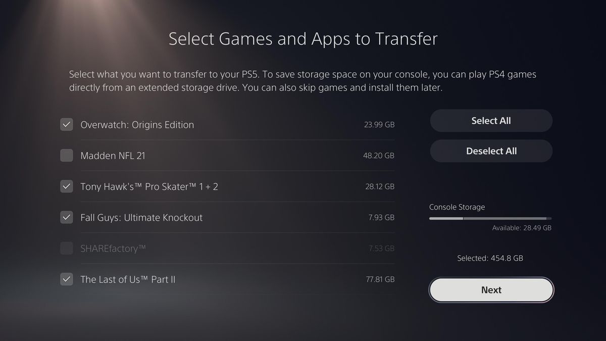 välja PS4-spel och appar att överföra till en PS5